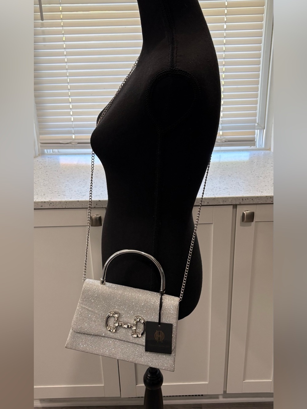 NWT House of Harlow Silver Glitter Top-Handle Crossbody Bag with Chain Strap